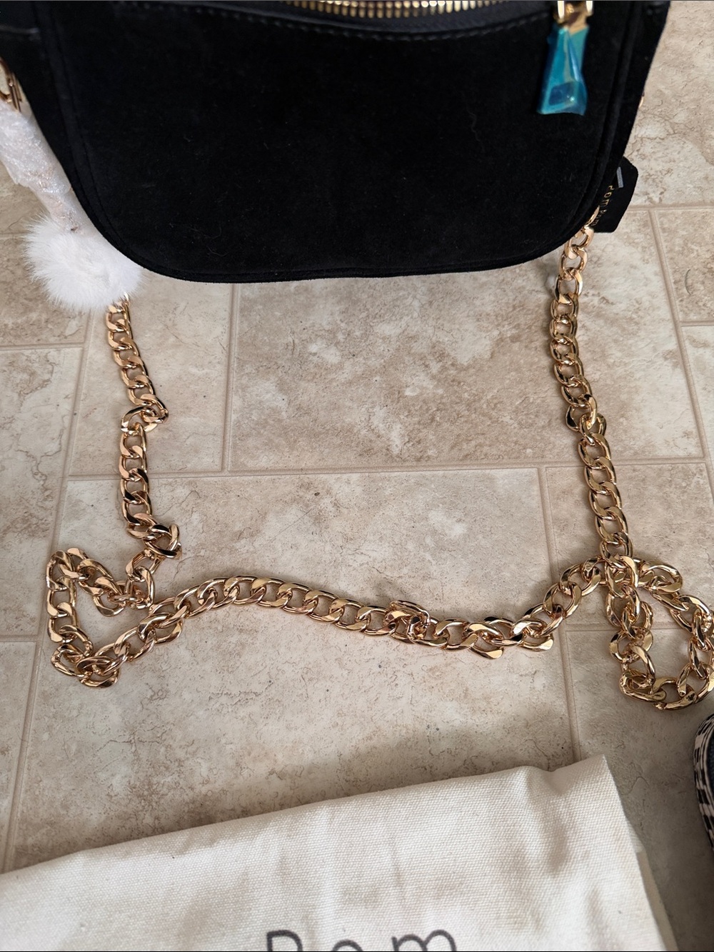 Pom Pom London Black Suede Crossbody with Gold Chain and Pom Charm - Picture 12 of 12